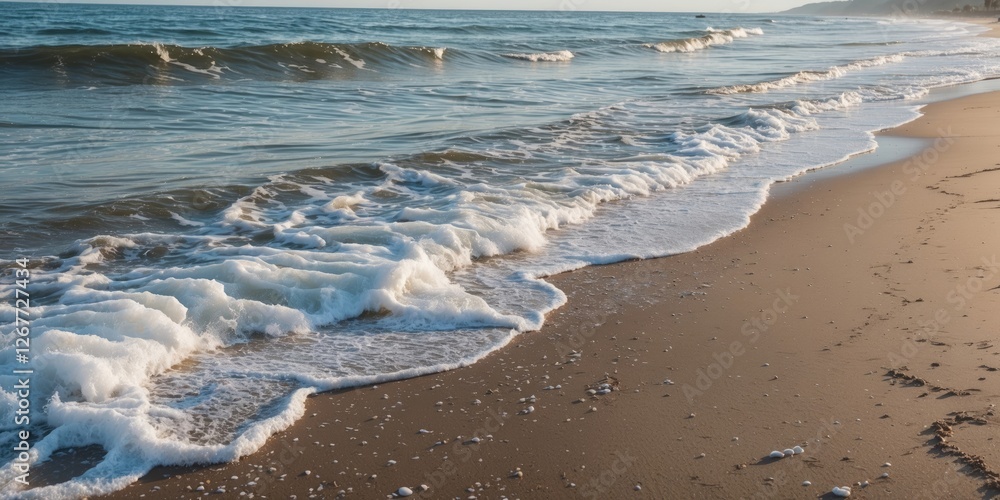 Poster waves gently lapping at a sandy beach during golden hour light with copy space for text