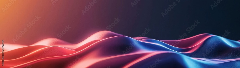 Poster a vibrant, abstract wave pattern in red and blue hues, creating a sense of movement and depth agains