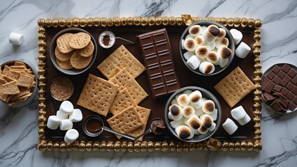 S'mores ingredients arrangement on a marble surface featuring chocolate, graham crackers, toasted marshmallows, and cookies with copy space
