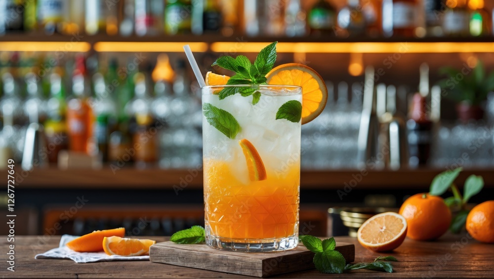 Poster refreshing citrus cocktail with mint and orange garnish in a bar setting with copy space