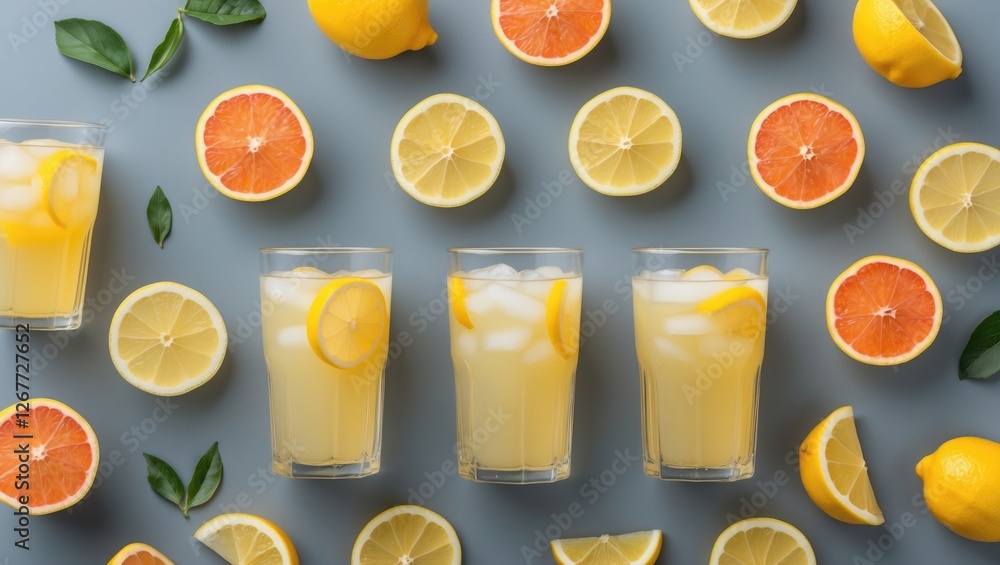 Poster glasses of refreshing lemonade with lemon and orange slices on gray background with leaves and copy 