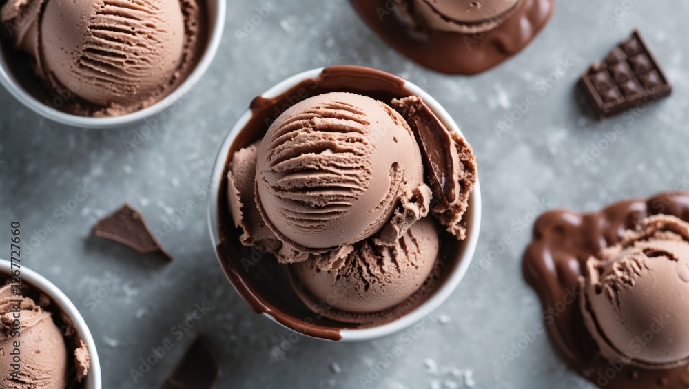 Poster chocolate ice cream scoops in cups with chocolate shell and chunks on gray surface with copy space