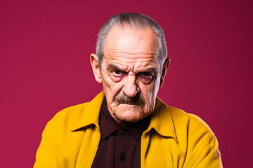 Old Man Expressing Extreme Contempt in Colorful Studio Setting