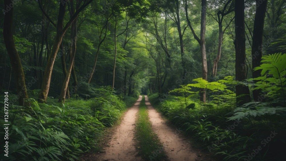Poster forest path with lush greenery and trees creating a natural scenic landscape copy space