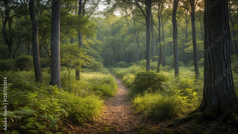 Poster serene forest path winding through lush greenery in a tranquil woodland environment with soft sunlig