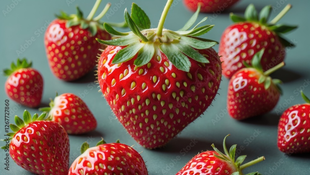 Poster fresh ripe strawberries arranged on a green background with one large strawberry in the foreground a