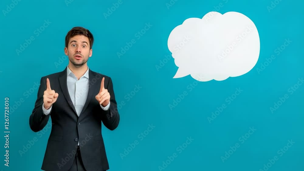 Poster confident businessman pointing upwards with index fingers, emphasizing communication near white spee