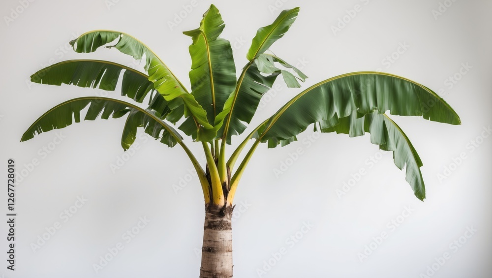 Poster banana palm tree with large green leaves isolated on white background with ample space for text copy