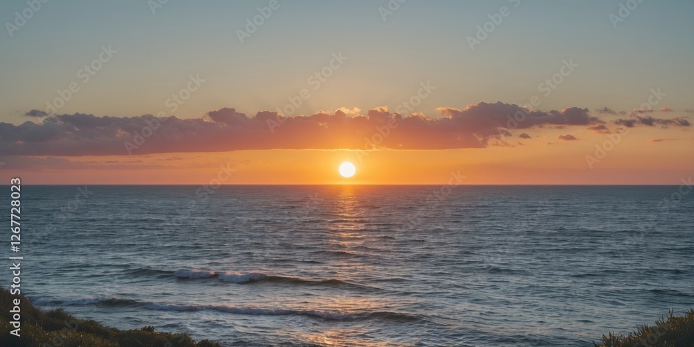 Poster sunset over ocean with waves and clouds in sky natural landscape with copy space for text