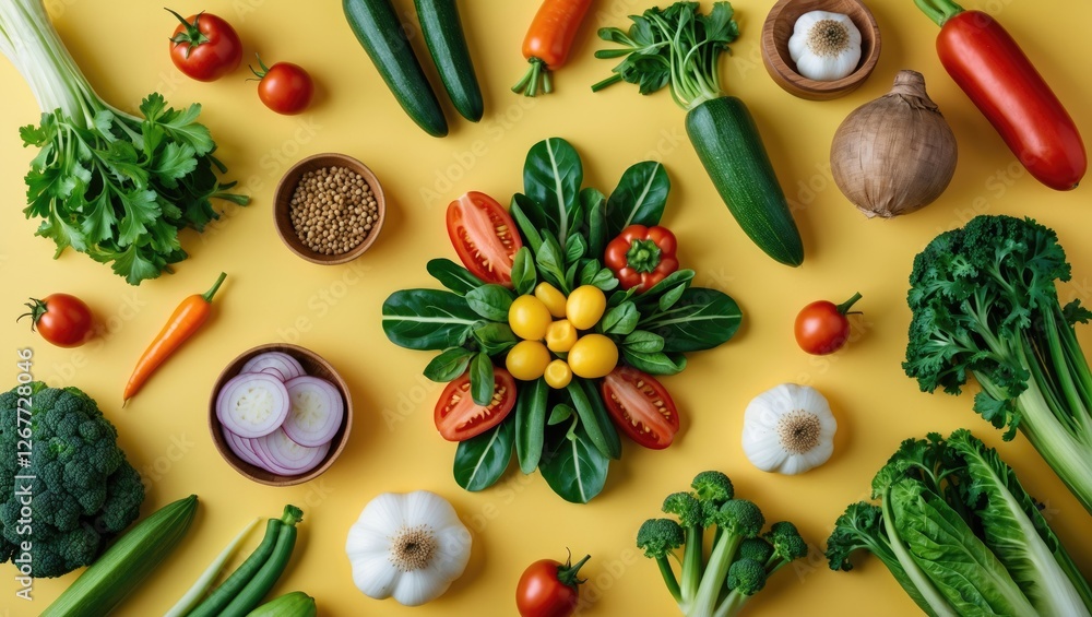 Poster fresh assortment of colorful vegetables and herbs arranged artistically on a yellow background with 