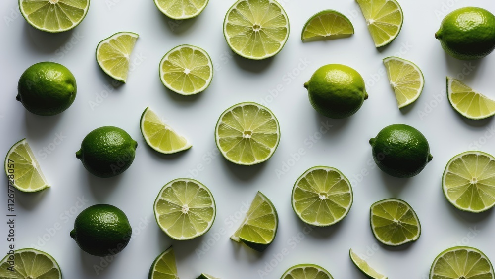 Poster sliced and whole limes arranged on a white background with copy space for text
