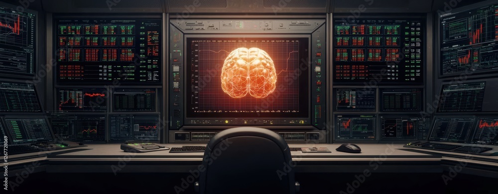 Poster a futuristic control room displays a glowing brain on the main screen, surrounded by various monitor