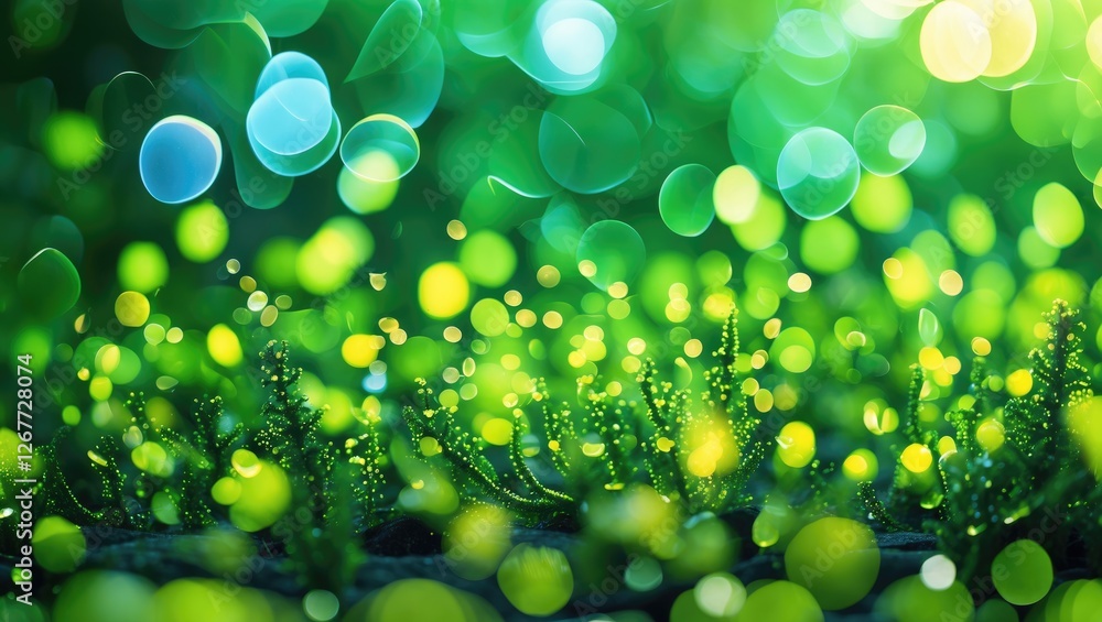 Aufkleber bokeh background with green and yellow circular lights and blurred foliage creating a vibrant and co