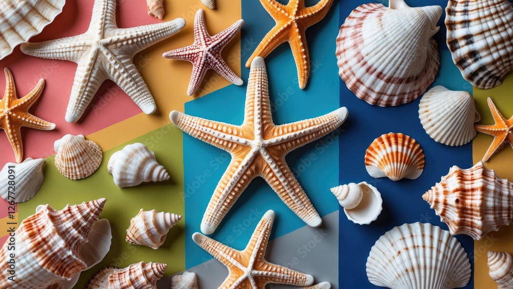 Poster colorful assortment of seashells and starfish arranged on a background with pastel geometric pattern