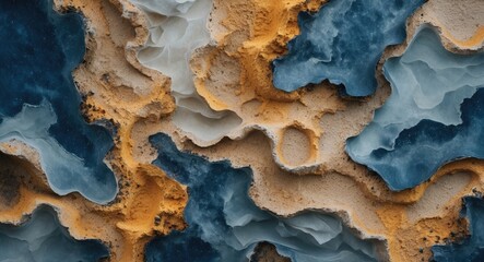 Naklejka premium Abstract geological texture featuring layers of blue, beige, and orange hues with fluid patterns suitable for background use. Copy Space
