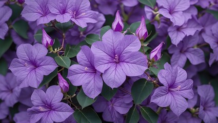 Vibrant purple bougainvillea flowers surrounded by green leaves natural floral background with copy space for text