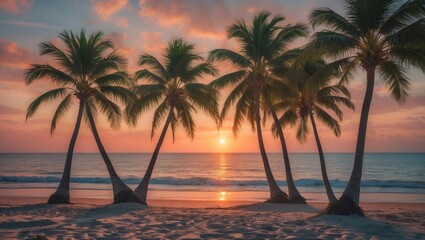 Tropical beach scene with palm trees at sunset and ocean view in the background Copy Space