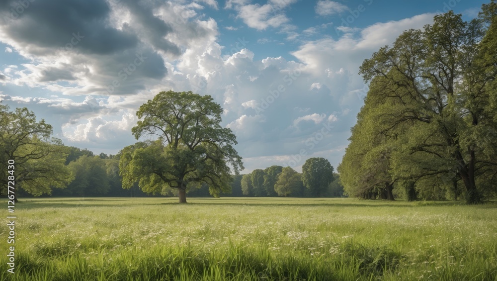 Poster lush green meadow with large trees under a partly cloudy sky landscape image with copy space for tex