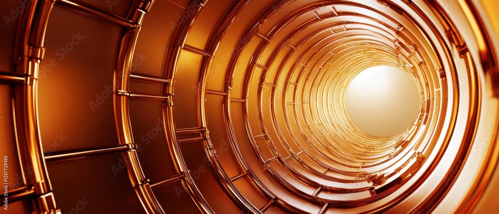 Poster a close-up view of a metallic tunnel, showcasing a warm golden hue and a bright light at the end, cr