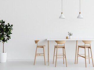 Scandinavianinspired twostory cafe with clean white interiors, light wooden furniture, and soft natural lighting