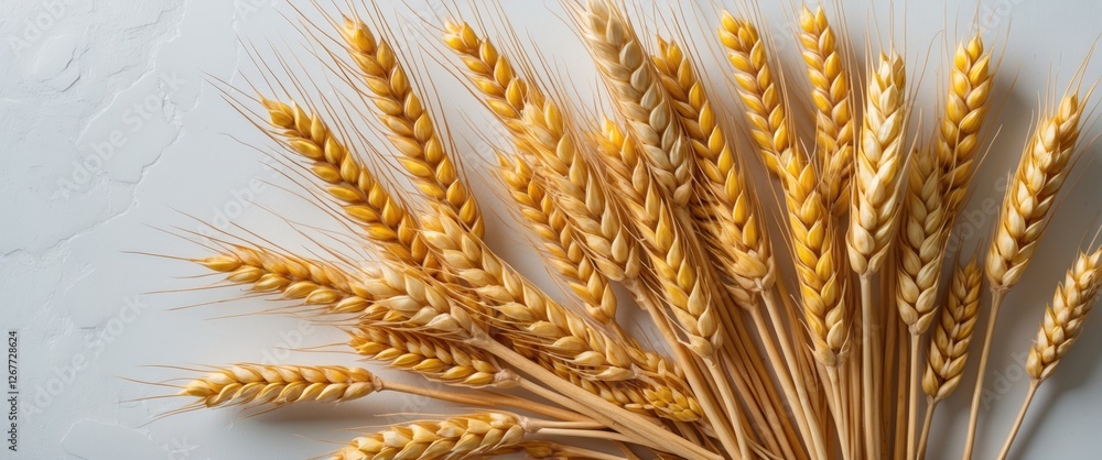 Poster dried golden wheat ears arranged on a light surface with copy space for text or branding