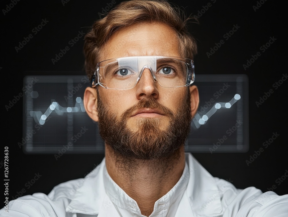 Poster a focused scientist in a lab coat and safety glasses, gazing thoughtfully with data graphs displayed