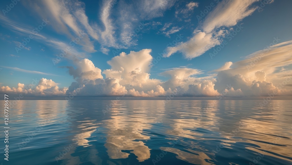 Poster peaceful ocean scene with clouds reflecting in calm water against a blue sky ideal for backgrounds a