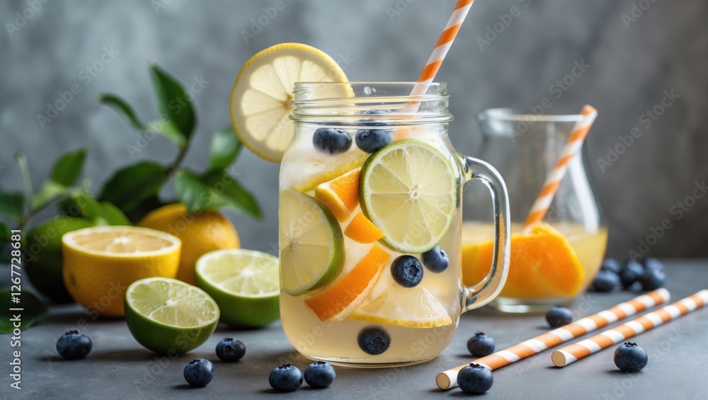 Poster fresh fruit lemonade in glass jar with oranges limes and blueberries on grey background with copy sp