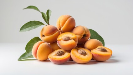 Fresh ripe peaches with leaves arranged aesthetically on a plain surface displaying vibrant colors and textures Copy Space