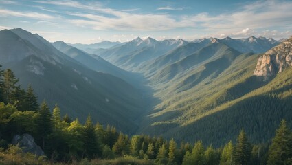Obraz premium Panoramic view of mountain valley with dense evergreen forests under blue sky and distant peaks in background ideal for nature photography Copy Space