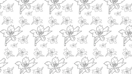 Fototapeta premium Elegant seamless pattern featuring line art drawings of lily flowers arranged in a harmonious layout. Perfect for use as a background, textile design, or decorative purposes.