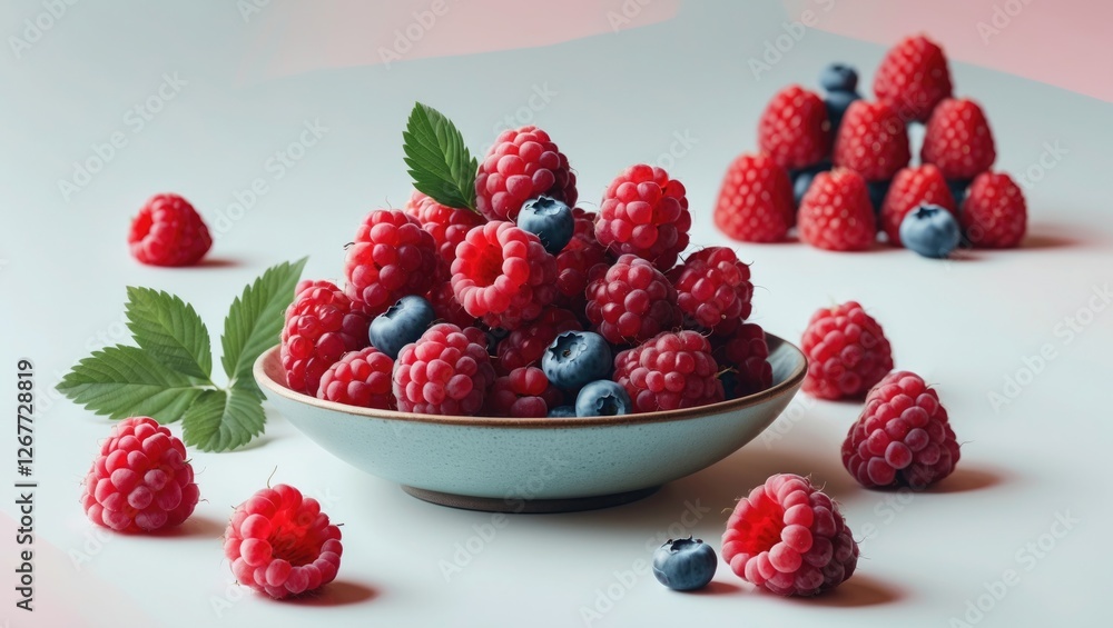 Aufkleber fresh raspberries and blueberries in a bowl with mint leaves placed on a white surface with addition