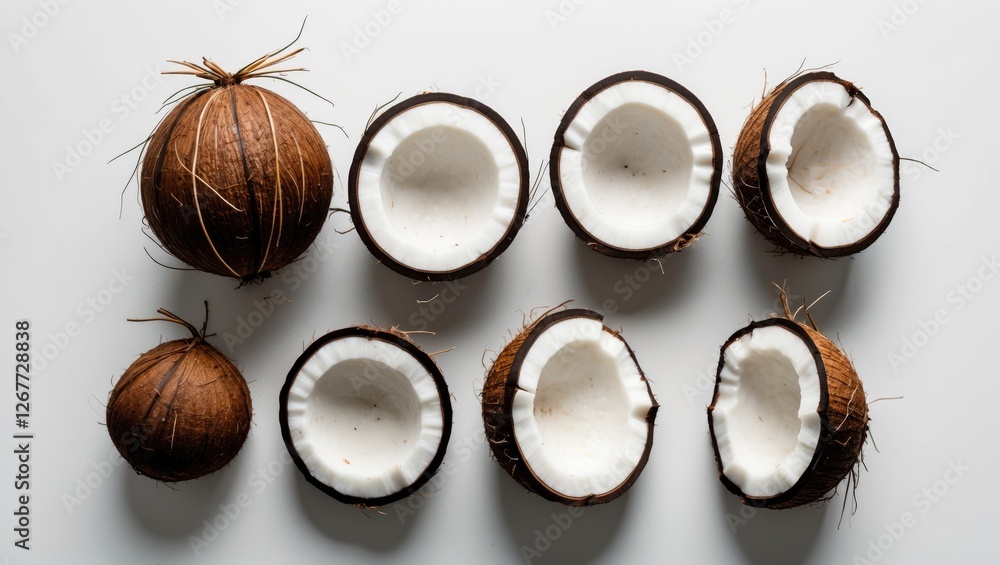 Poster coconuts whole and halved arranged on a white background showcasing the inner flesh with copy space 
