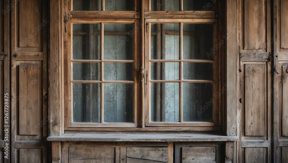 Poster wooden window structure with multiple panes set in rustic wooden wall interior designed for architec