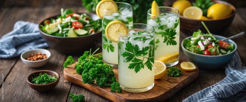 Poster refreshing lemonade drinks with lemon slices and parsley garnishing alongside fresh salads on a wood