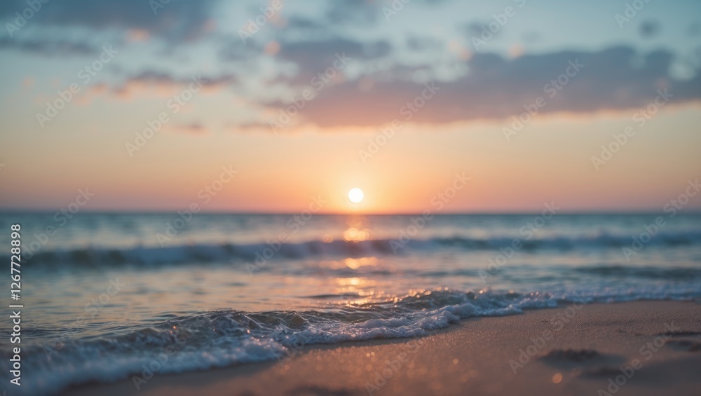 Poster sunset over calm ocean waves on sandy beach with soft clouds and warm colors visible in the sky copy