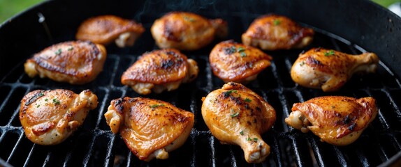 Grilled chicken drumsticks arranged on a barbecue grill with smoke and herbs, showcasing a tasty food preparation scene, Copy Space