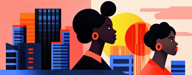 Naklejka premium Two women in profile against a colorful cityscape, showcasing vibrant urban life and diverse representation.
