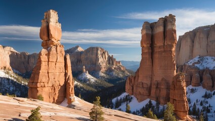 Fototapeta premium Snow-covered rock formations in a mountainous landscape under a clear blue sky with dramatic clouds and pine trees in the foreground Copy Space