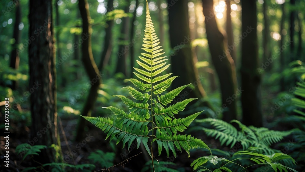 Poster fern plant in lush green forest with soft sunlight filtering through trees in background copy space