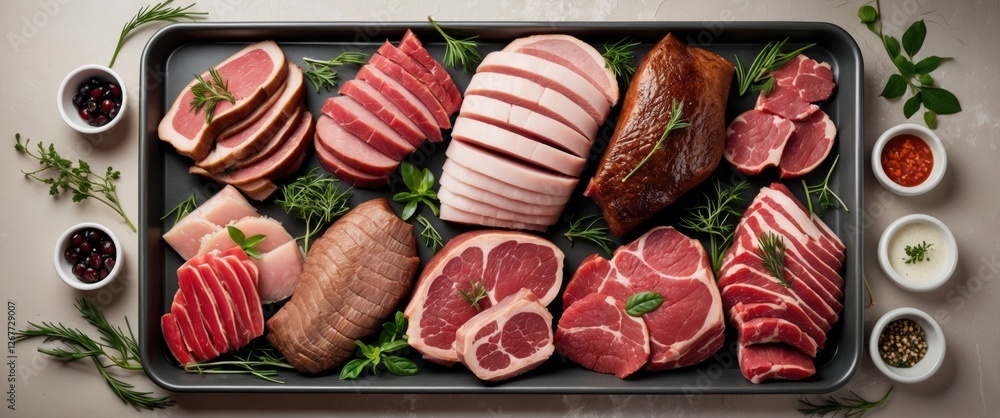 Poster assorted cured and cooked meats on a serving tray with fresh herbs and spices arranged on a neutral 