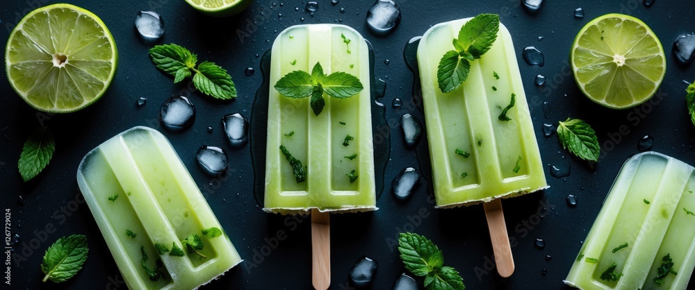 Poster mint lime popsicles with fresh mint leaves and lime slices on a dark surface with ice cubes and copy