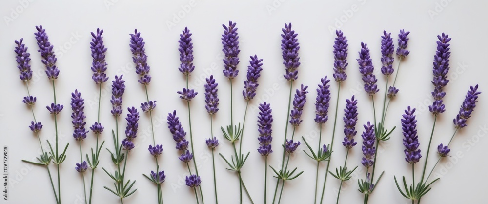 Poster lavender flowers arranged in a pattern on a light background with fresh green leaves and ample copy 