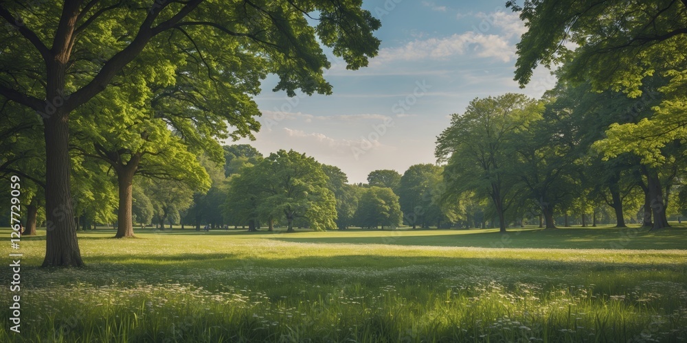 Poster lush green meadow with tall trees under a clear sky in a tranquil park setting with copy space for t