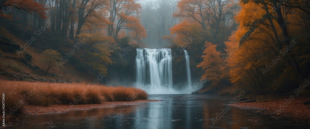 Poster autumn landscape with a waterfall cascading into a serene lake surrounded by colorful trees and mist