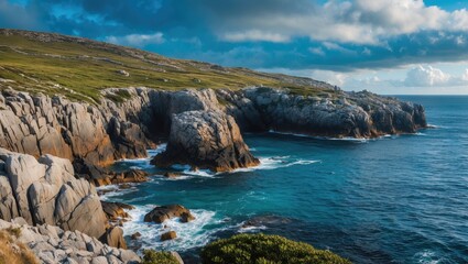 Rocky coastal landscape with crashing waves and lush greenery under a cloudy sky suitable for nature backgrounds and outdoor themes Copy Space
