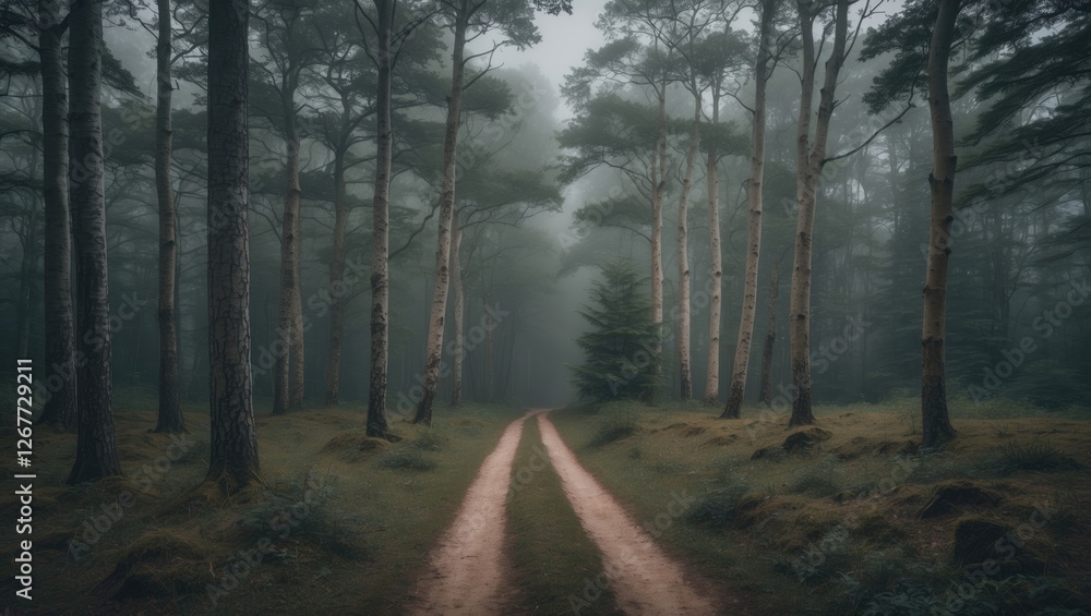 Poster misty forest pathway with tall pine trees and soft ground underfoot in a serene natural setting copy