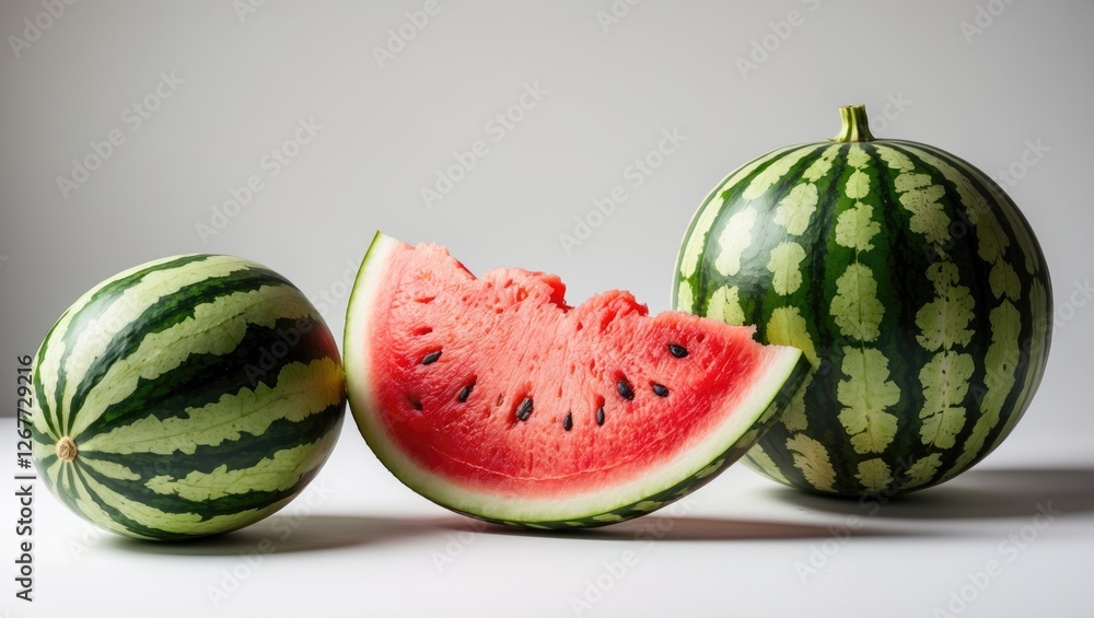 Poster fresh whole and sliced watermelon on a white background with text copy space