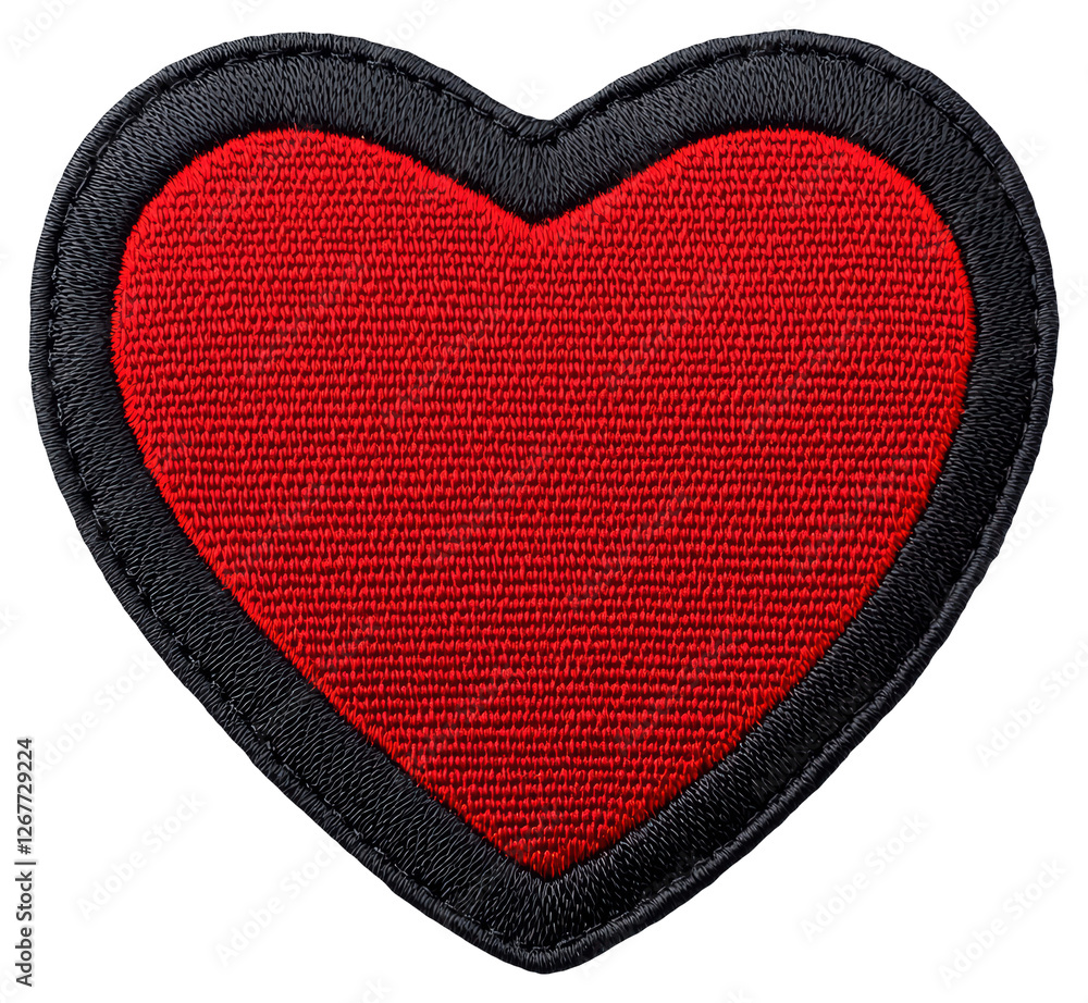 Poster red textured heart shaped patch with black border on transparent background symbolizing love