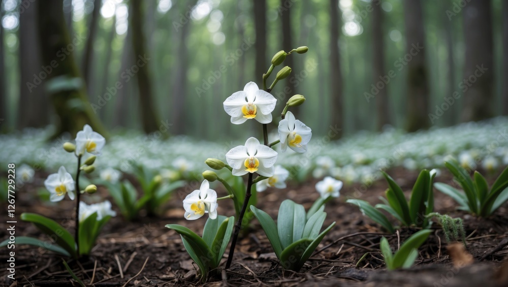 Poster white orchids blooming in a lush green forest with soft focus on the background and copy space for t